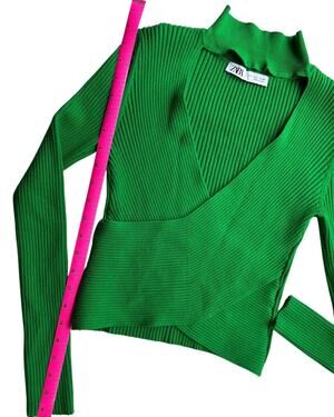 Zara Womens L Green Ribbed Cutout Crop Sweater Wrap Front Mock Neck Long Sleeve